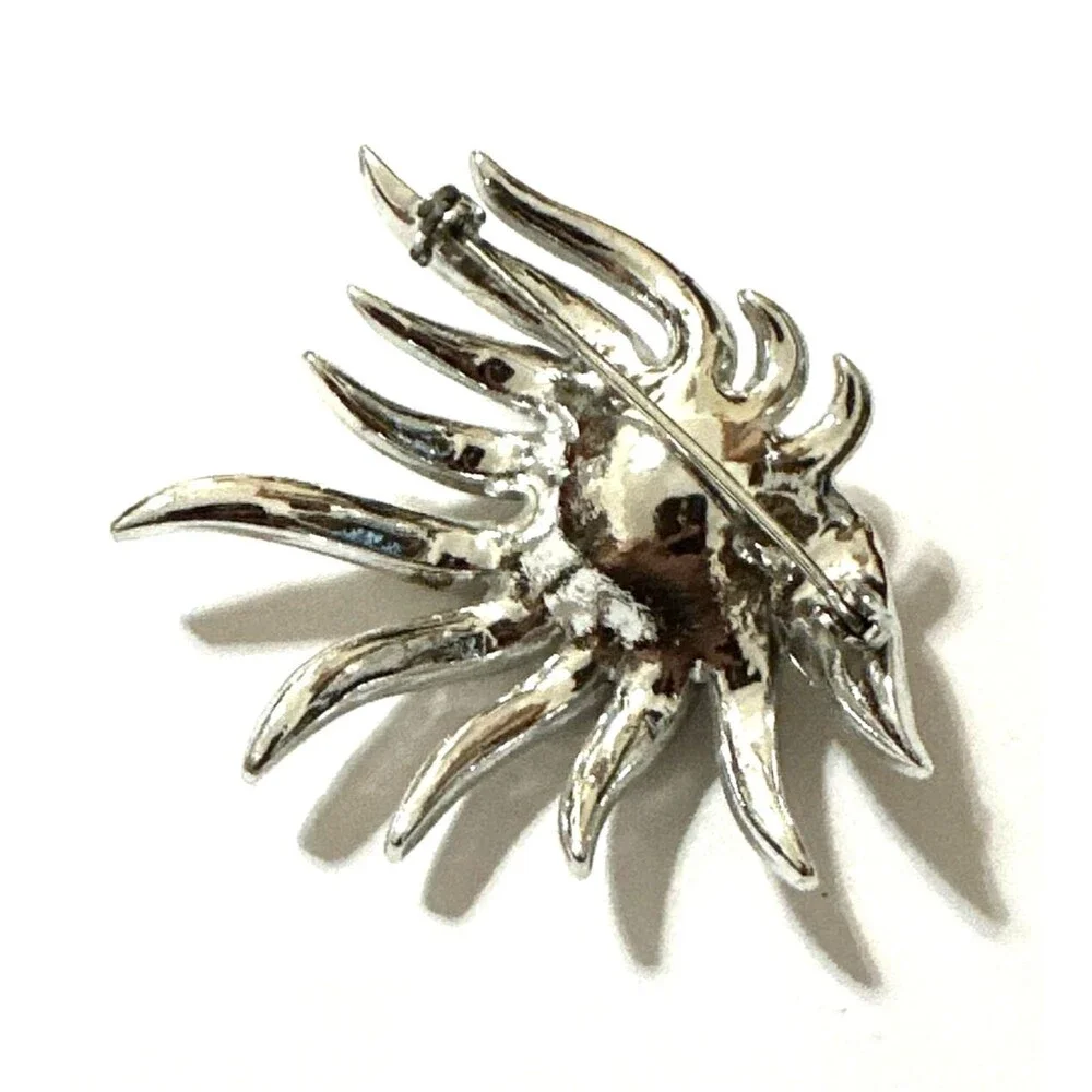 Vintage Celebrity NY Silver Tone Rhinestone Faux Pearl Sunburst Brooch Pin 2